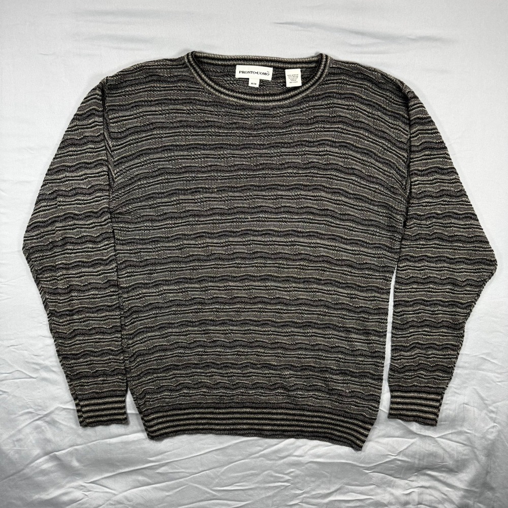 Pronto Uomo‎ Mens M Striped Knitted Crew Neck Sweater Brown Grey Dad Classic